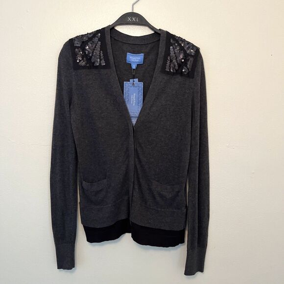 SIMPLY VERA WANG Sequin Shoulder Cap 2 Pocket Button Cardigan, Gray/Black- Small - Picture 1 of 9